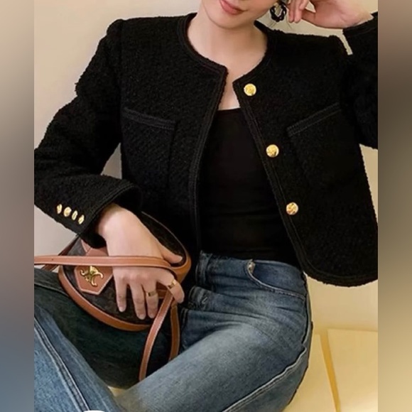 Black Tweed Wool Blend Cropped Women’s Blazer size S - Picture 3 of 16